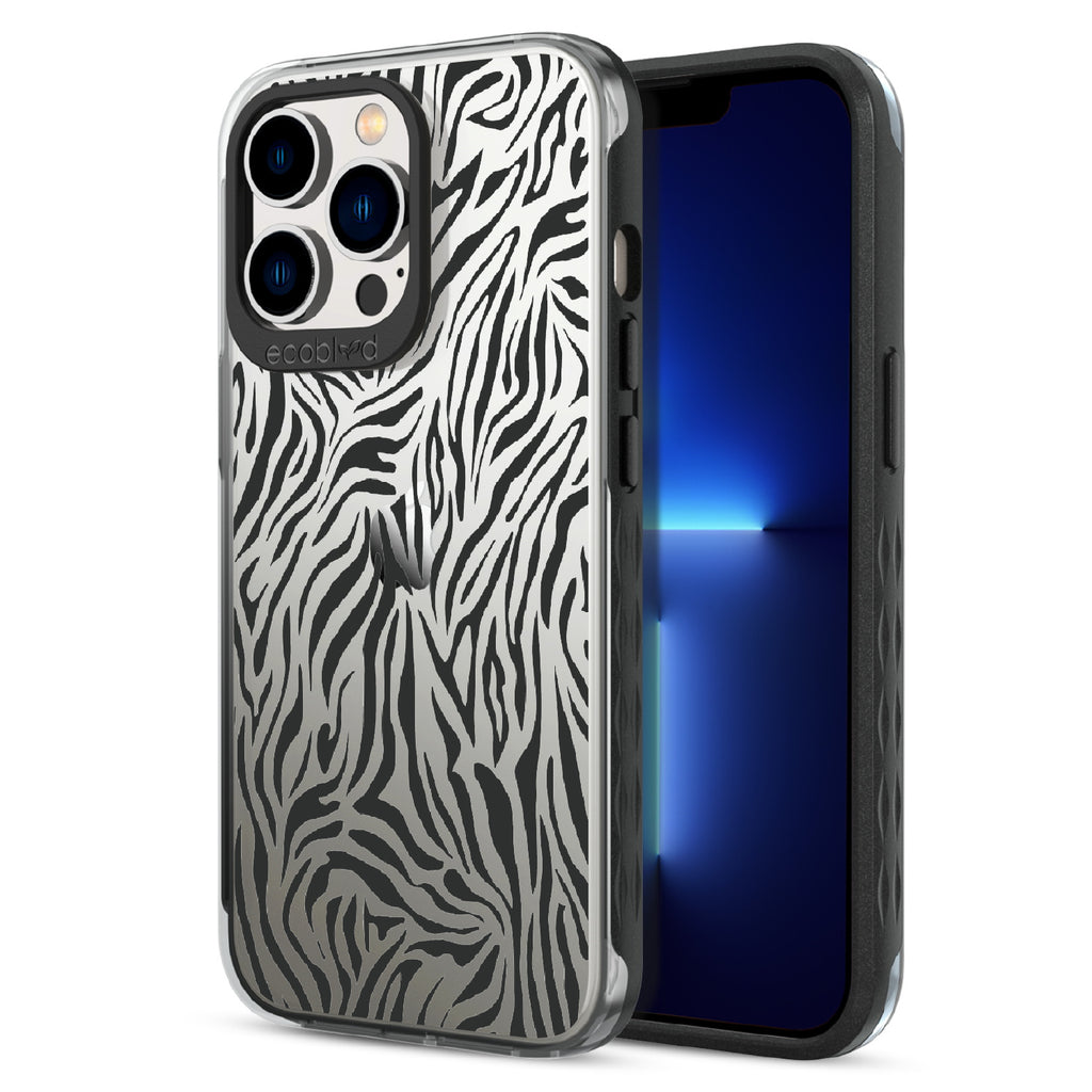 Zebra Print - Back View Of Black & Clear Eco-Friendly iPhone 13 Pro Case & A Front View Of The Screen
