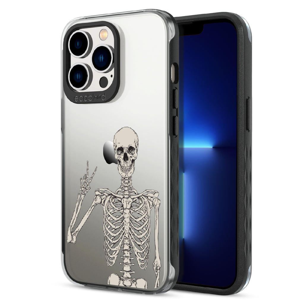 Creepin' It Real - Black Eco-Friendly iPhone 13 Pro Case With Skelton Giving A Peace Sign On A Clear Back