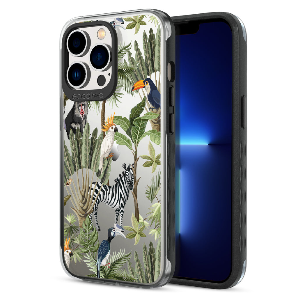Toucan Play That Game - Back View Of Black & Clear Eco-Friendly iPhone 12/13 Pro Max Case & A Front View Of The Screen