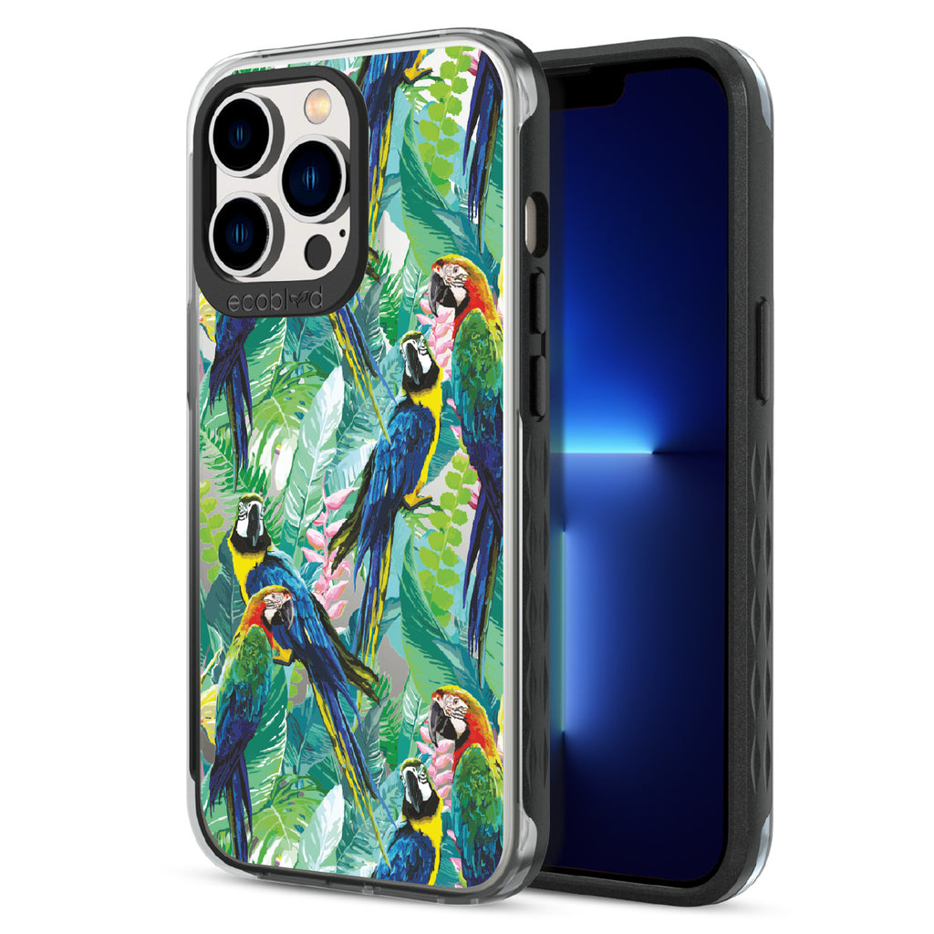 Macaw Medley - Back View Of Black & Clear Eco-Friendly iPhone 13 Pro Case & A Front View Of The Screen