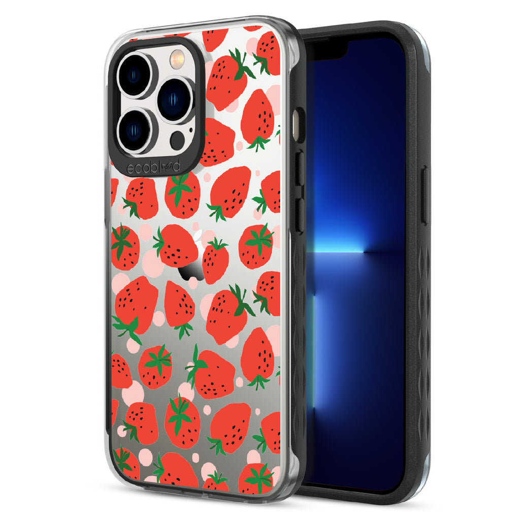 Strawberry Fields - Back View Of Black & Clear Eco-Friendly iPhone 12/13 Pro Max Case & A Front View Of The Screen