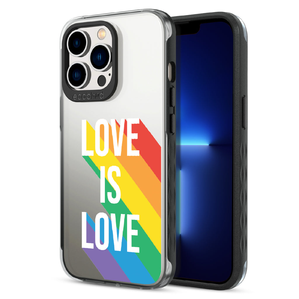 Spectrum Of Love - Back View Of Black & Clear Eco-Friendly iPhone 12/13 Pro Max Case & A Front View Of The Screen