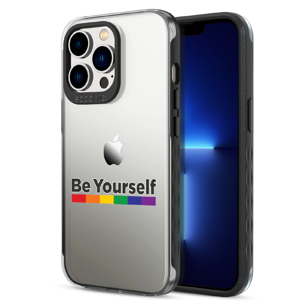 Be Yourself - Back View Of Black & Clear Eco-Friendly iPhone 12/13 Pro Max Case & A Front View Of The Screen