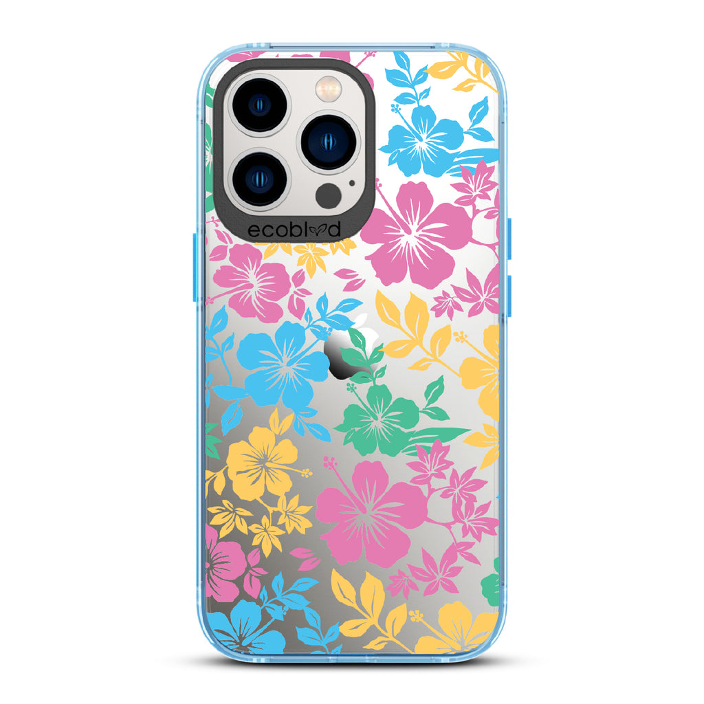Lei'd Back - Blue Eco-Friendly iPhone 12/13 Pro Max Case With Colorful Hawaiian Hibiscus Floral Print On A Clear Back