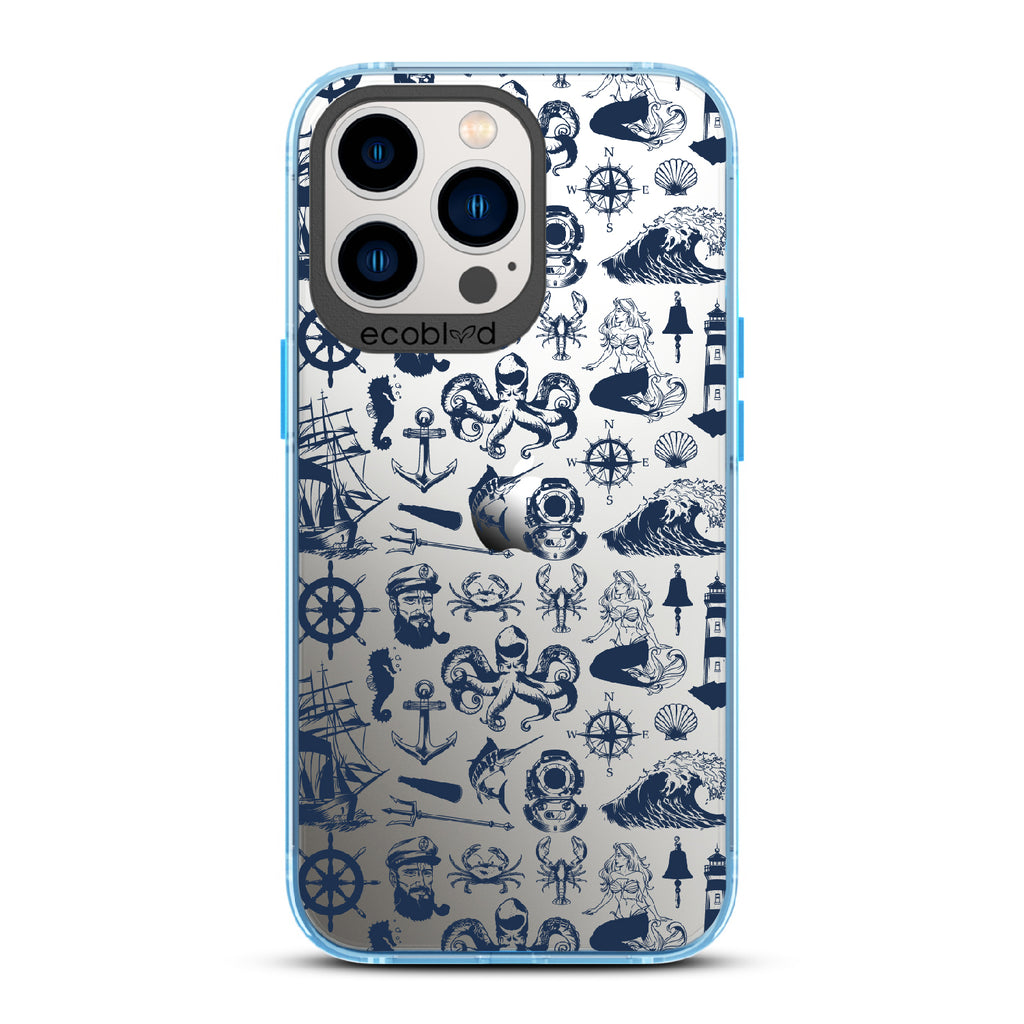 Nautical Tales - Blue Eco-Friendly iPhone 13 Pro Case With Sailors, Ships, Waves, Anchors & More On A Clear Back