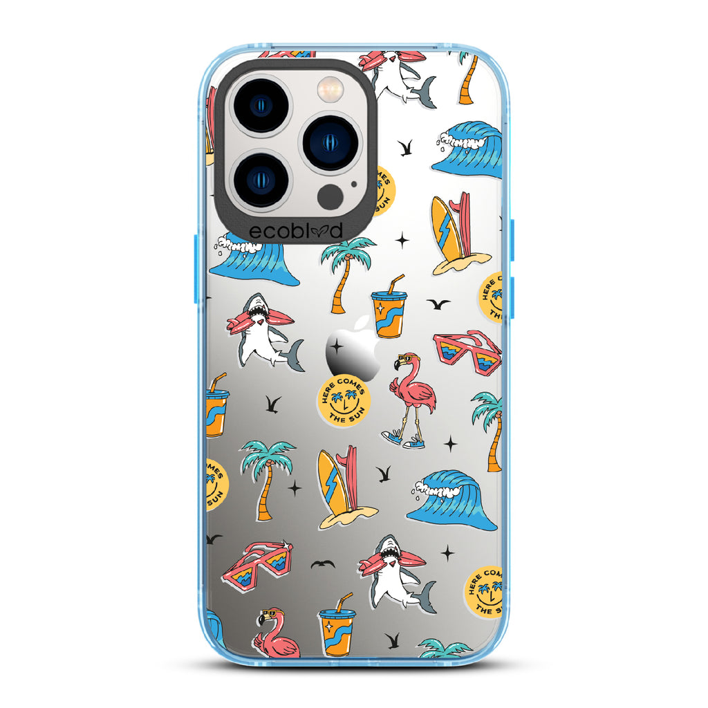 Here Comes The Sun - Blue Eco-Friendly iPhone 13 Pro Case: Sunglasses, Surfboard, Waves & Beach Theme On A Clear Back