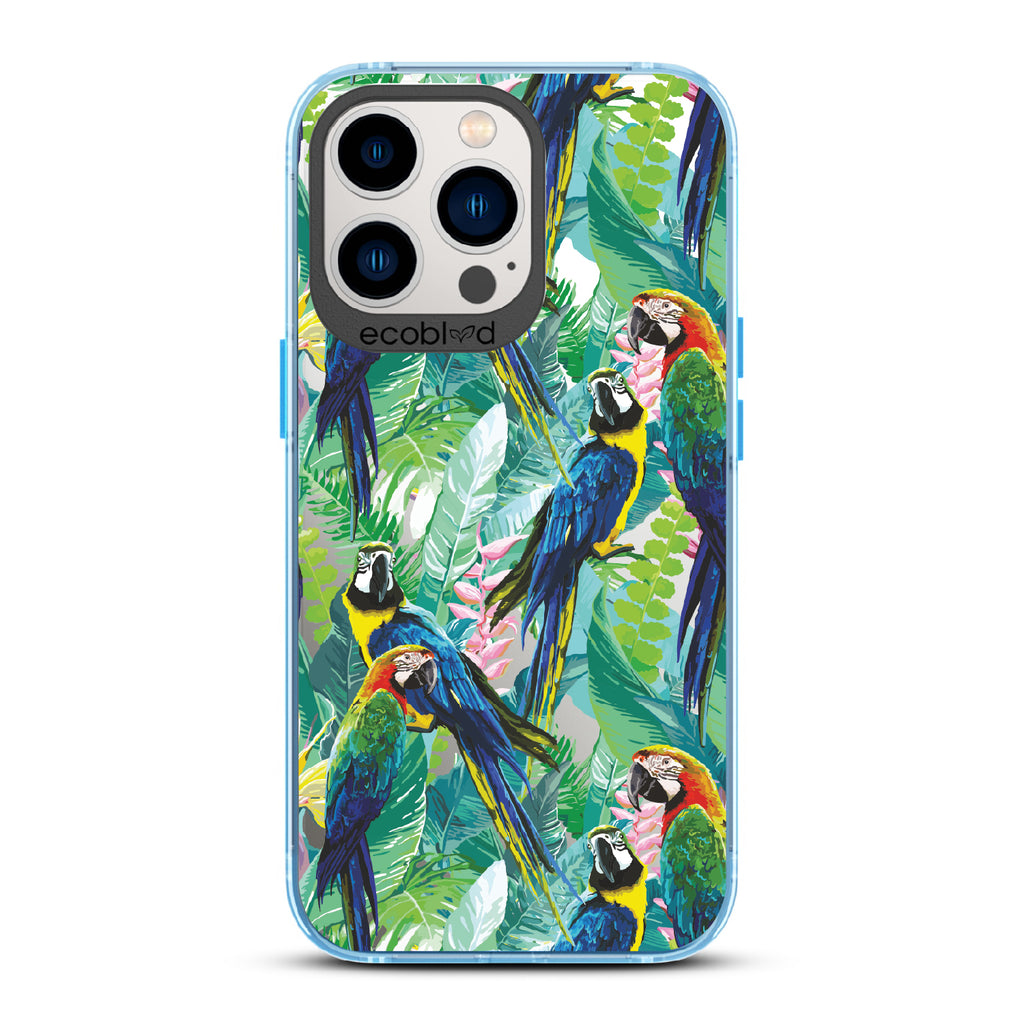 Macaw Medley - Blue Eco-Friendly iPhone 13 Pro Case With Macaws & Tropical Leaves On A Clear Back