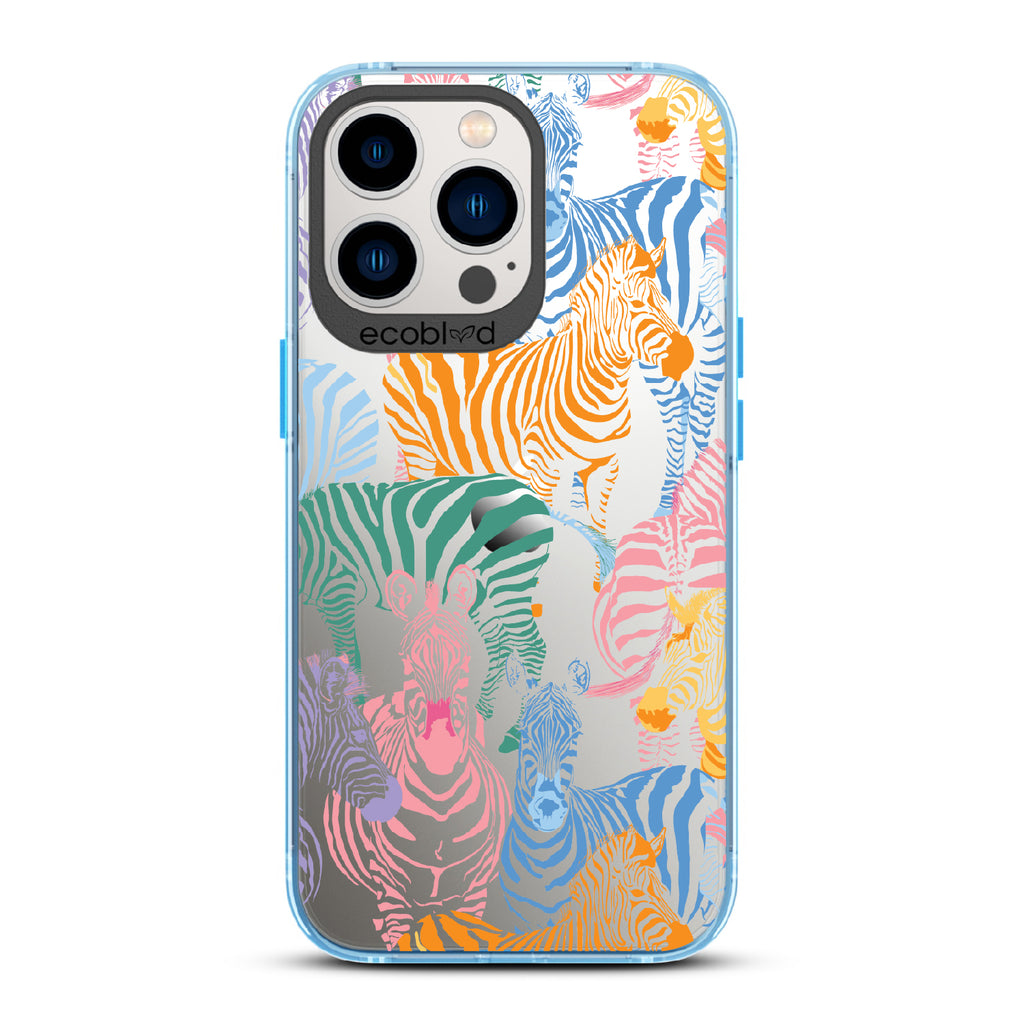 Colorful Herd - Blue Eco-Friendly iPhone 13 Pro Case With Zebras in Multiple Colors On A Clear Back
