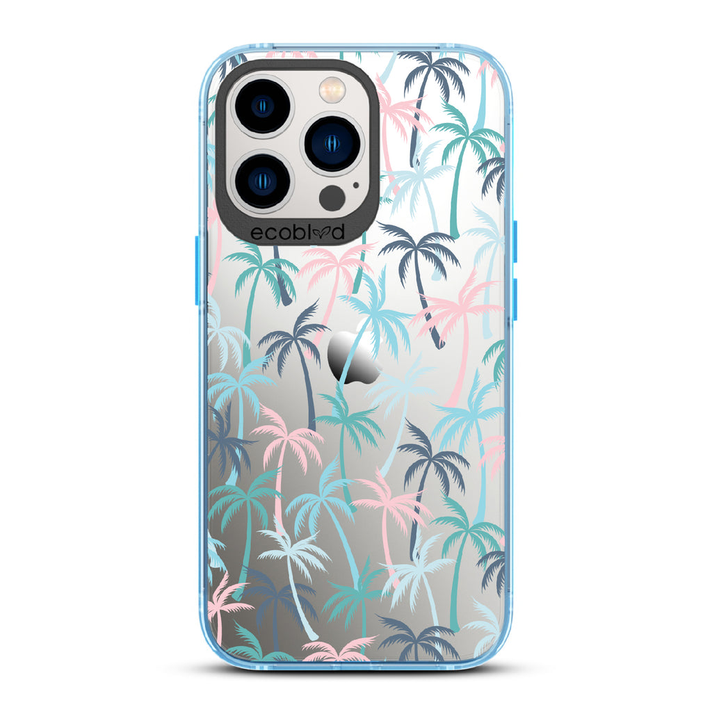 Cruel Summer - Blue Eco-Friendly iPhone 13 Pro Case With Hotline Miami Colored Tropical Palm Trees On A Clear Back