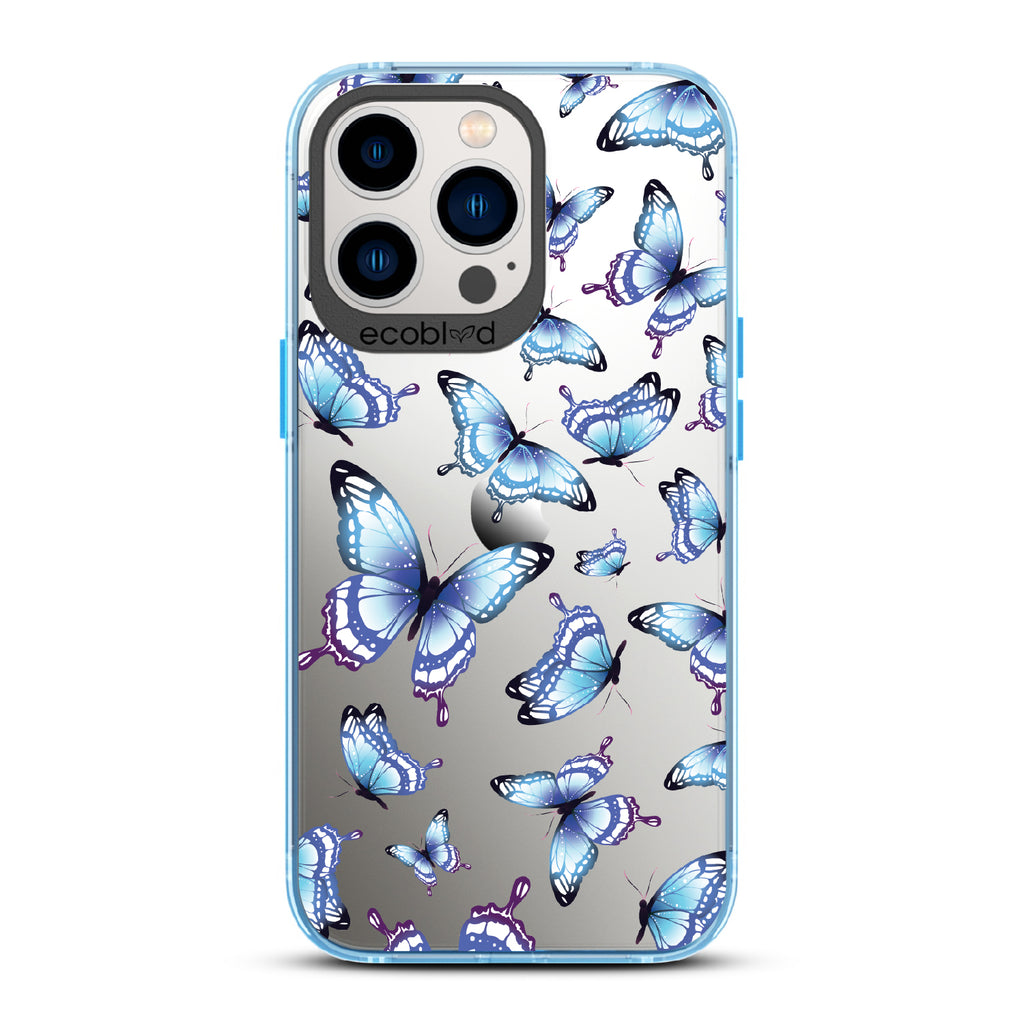 Social Butterfly - Blue Eco-Friendly iPhone 12/13 Pro Max Case With Blue Butterflies On A Clear Back - Compostable