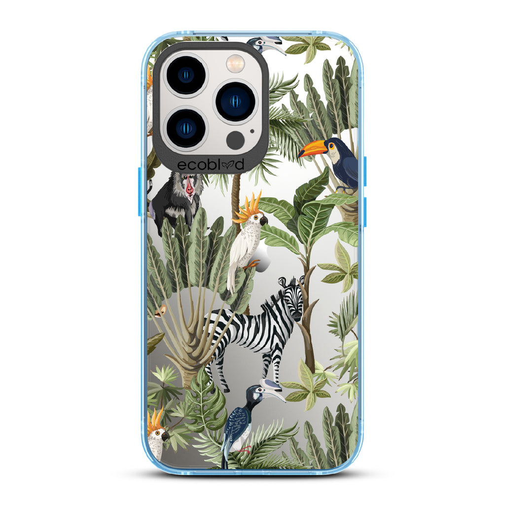 Toucan Play That Game - Blue Eco-Friendly iPhone 13 Pro Case With Jungle Fauna, Toucan, Zebra & More On A Clear Back