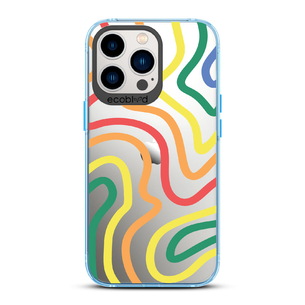 True Colors - Blue Eco-Friendly iPhone 12/13 Pro Max Case With Abstract Lines In Different Colors Of The Rainbow On A Clear Back