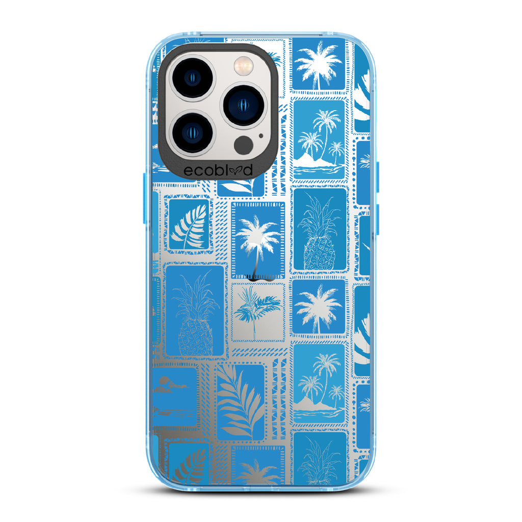 Oasis - Blue Eco-Friendly iPhone 12/13 Pro Max Case With Tropical Shirt Palm Trees & Pineapple Print On A Clear Back