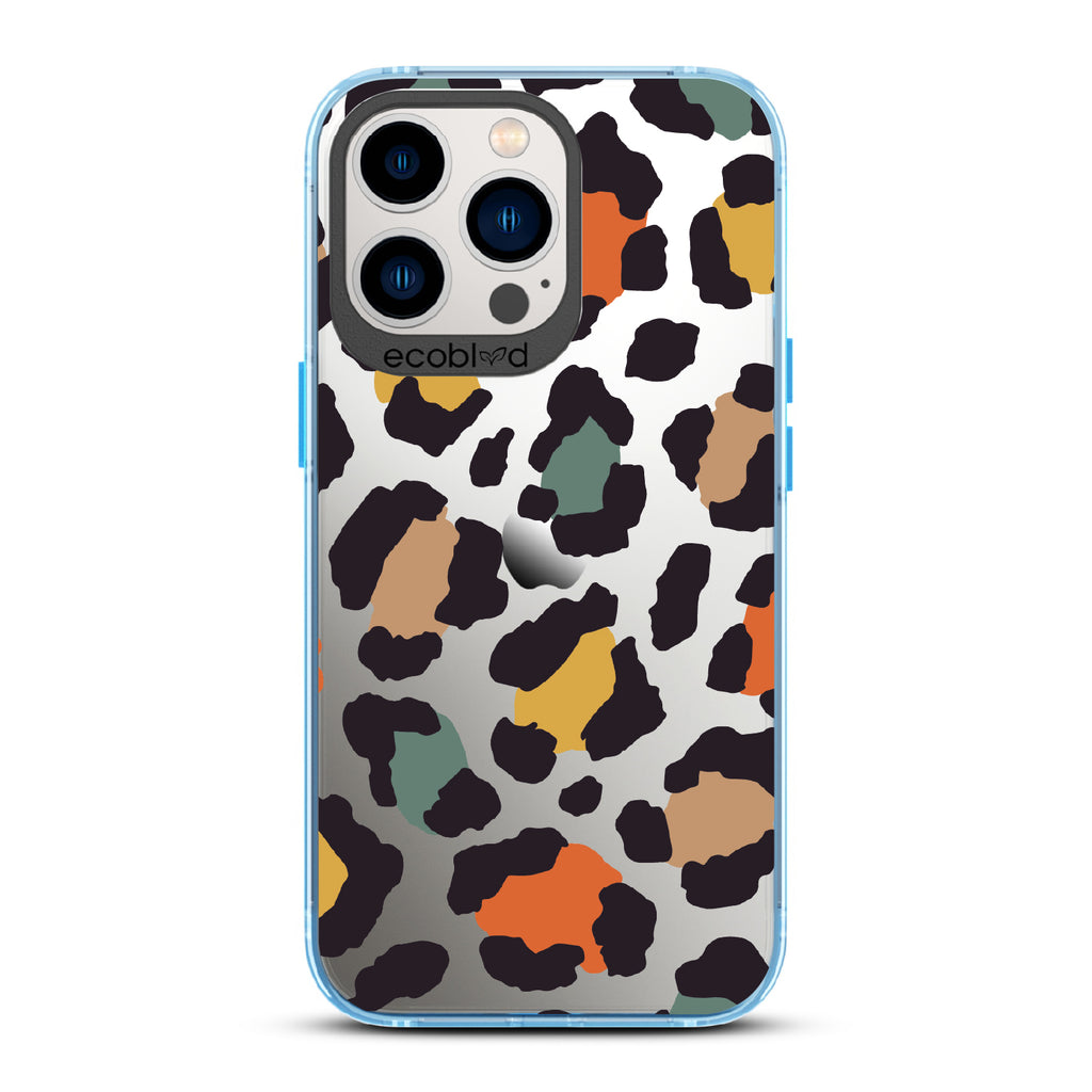 Cheetahlicious - Blue Eco-Friendly iPhone 13 Pro Case With Multi-Colored Cheetah Print On A Clear Back