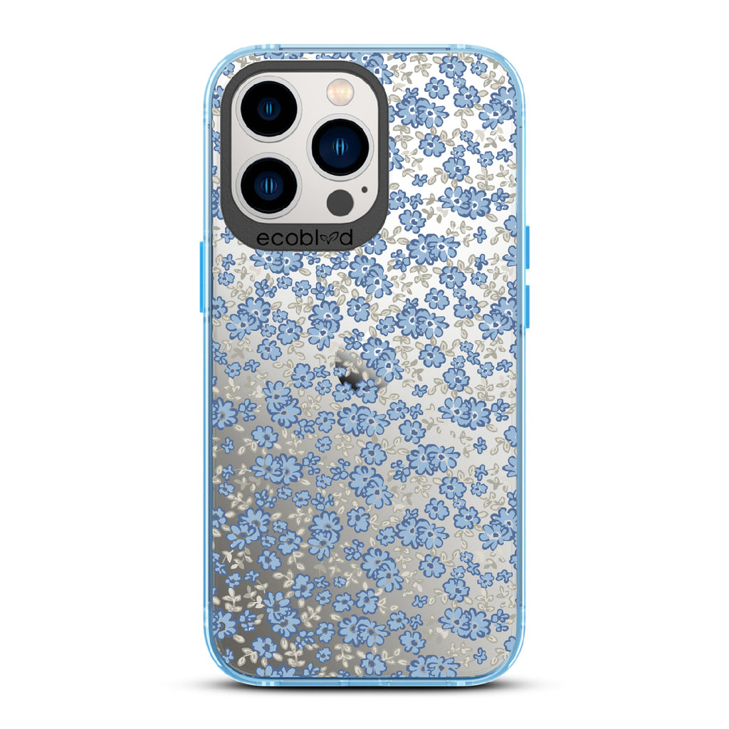 Ditsy Daze - Blue Eco-Friendly iPhone 13 Pro Case With Vintage Forget-Me-Not Flowers On A Clear Back