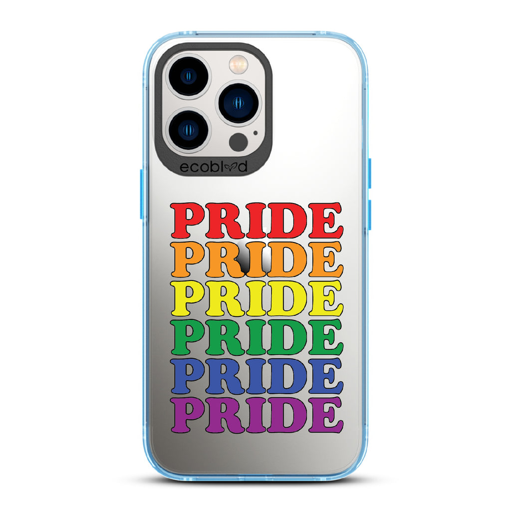 Pride Camp - Blue Eco-Friendly iPhone 12/13 Pro Max Case With Pride Stacked In Multiple Rainbow Colors On A Clear Back