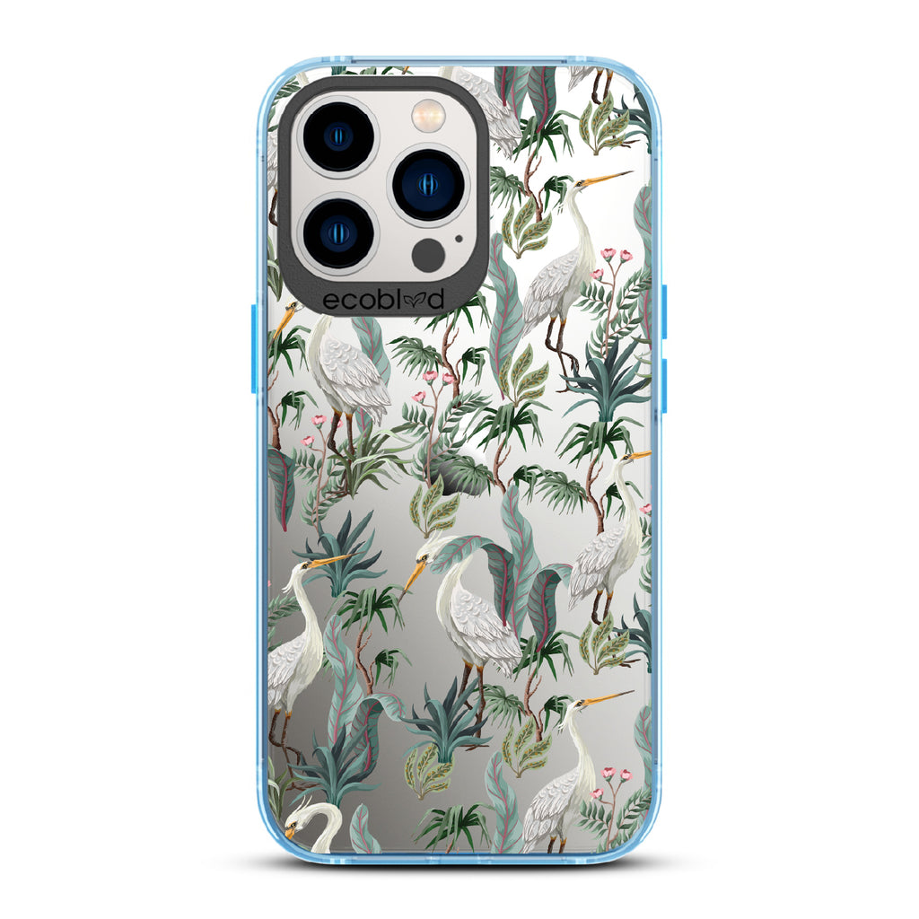Flock Together - Blue Eco-Friendly iPhone 12/13 Pro Max Case With Herons & Peonies On A Clear Back