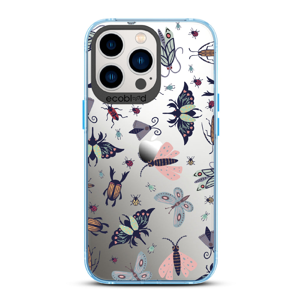 Bug Out - Blue Eco-Friendly iPhone 13 Pro Case With Butterflies, Moths, Dragonflies, And Beetles On A Clear Back