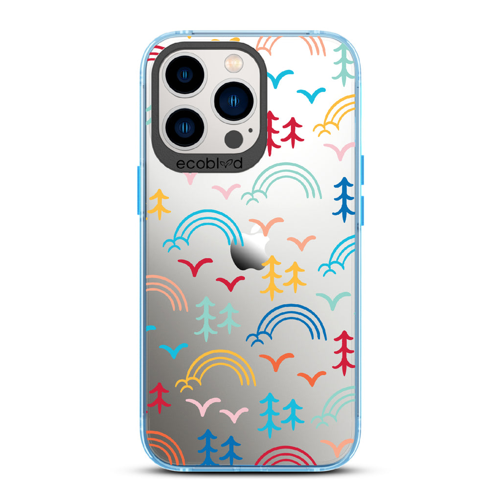 Happy Camper X Brave Trails - Blue Eco-Friendly iPhone 12/13 Pro Max Case with Minimalist Trees, Birds, Rainbows On A Clear Back