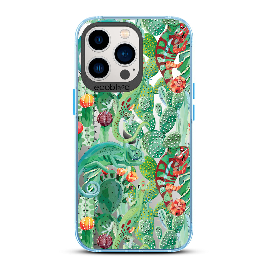 In Plain Sight - Blue Eco-Friendly iPhone 12/13 Pro Max Case With Chameleons On Cacti On A Clear Back