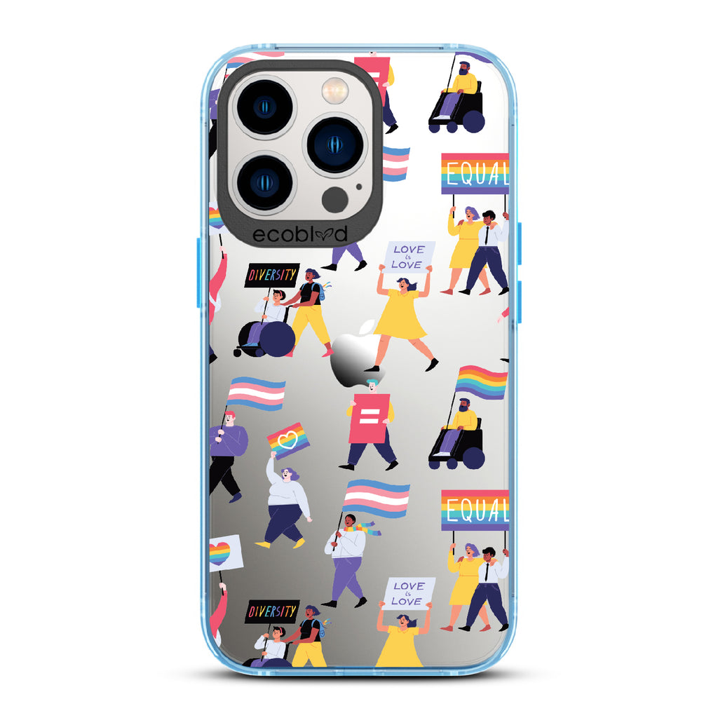 All Together Now - Blue Eco-Friendly iPhone 13 Pro Case With Pride March For People Of All Identities On A Clear Back