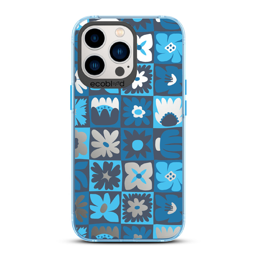 Paradise Blooms - Blue Eco-Friendly iPhone 12/13 Pro Max Case With Tropical Floral Checker Print On A Clear Back