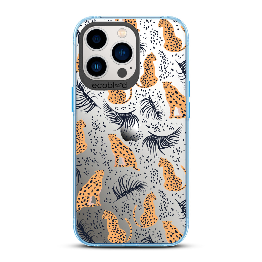 Feline Fierce - Blue Eco-Friendly iPhone 13 Pro Case With Minimalist Cheetahs With Spots and Reeds On A Clear Back