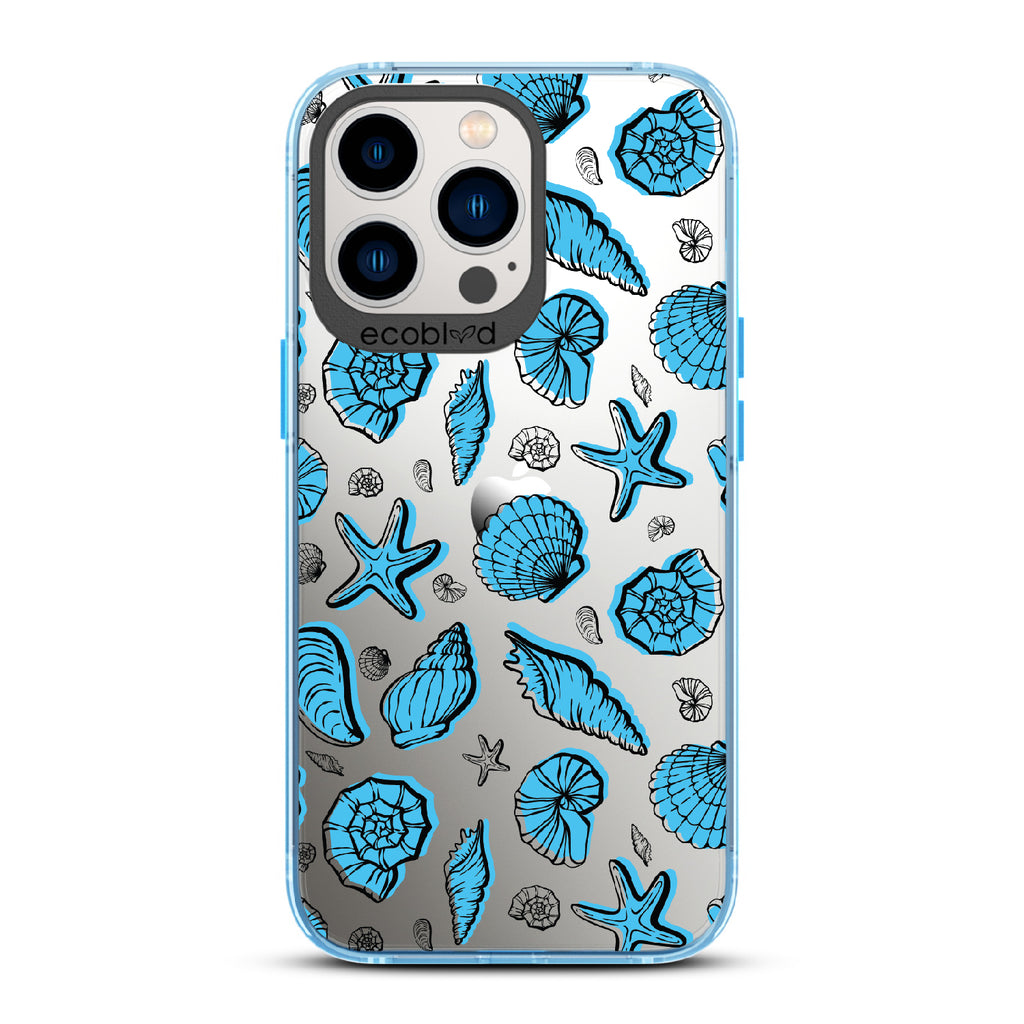 Seashells Seashore - Blue Eco-Friendly iPhone 13 Pro Case With Seashells and Starfish On A Clear Back