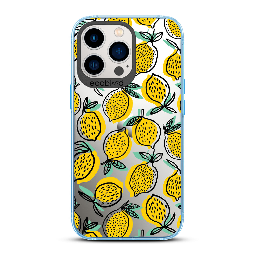 Lemon Drop - Blue Eco-Friendly iPhone 12/13 Pro Max Case With Retro Lemon Print On A Clear Back