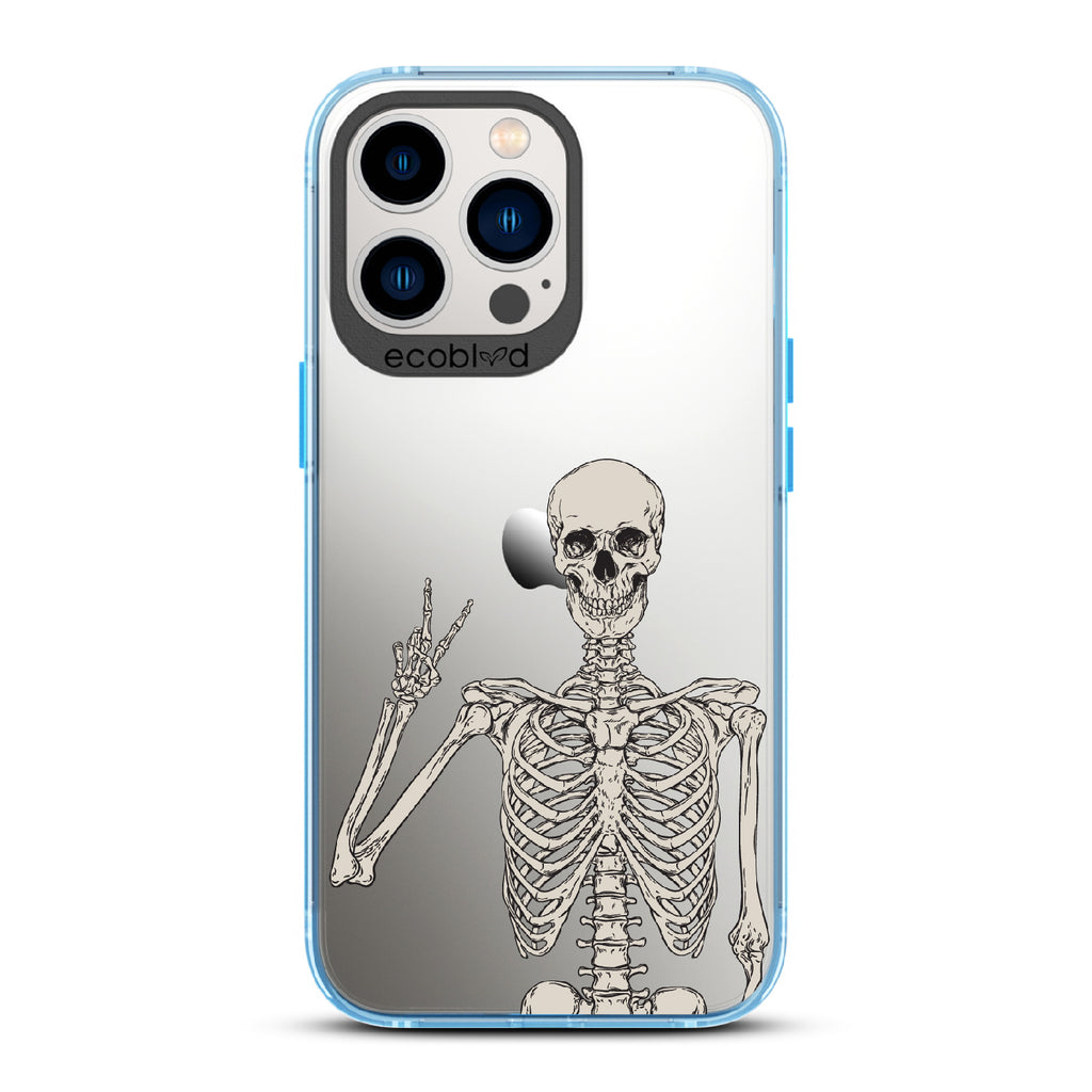 Creepin’ It Real - Blue Eco-Friendly iPhone 12/13 Pro Max Case With Skeleton Giving A Peace Sign On A Clear Back