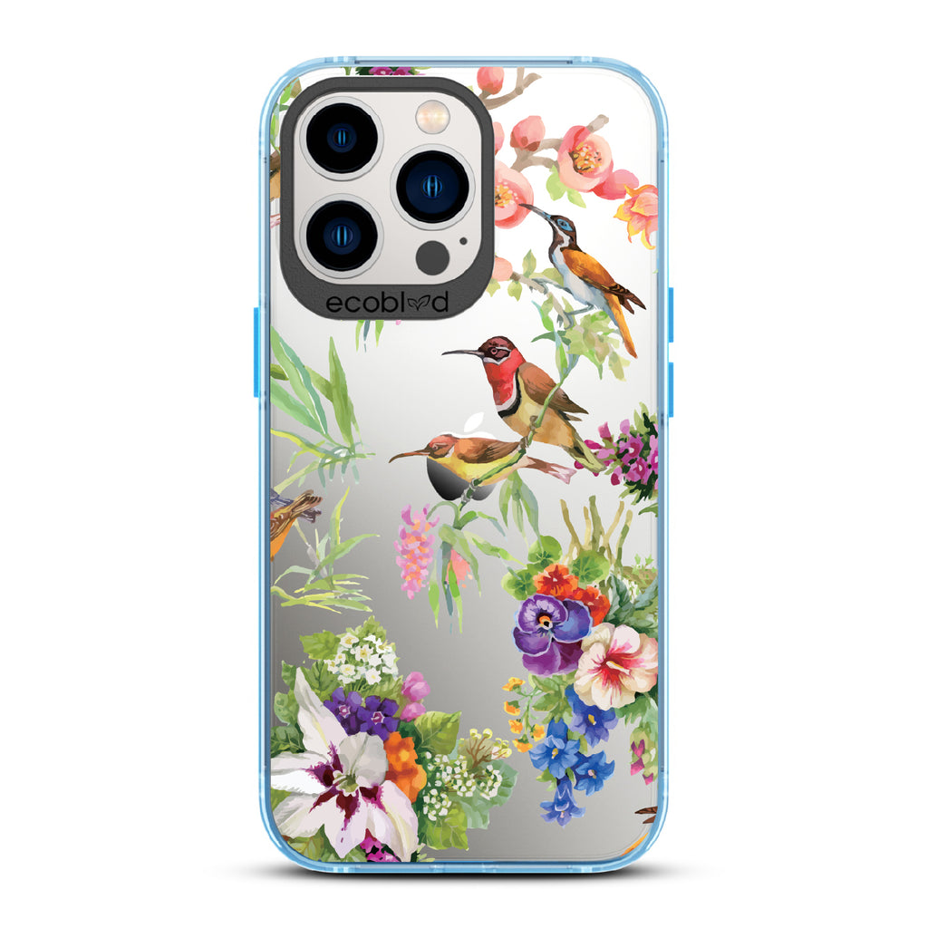 Sweet Nectar - Blue Eco-Friendly iPhone 13 Pro Case With Humming Birds, Colorful Garden Flowers On A Clear Back
