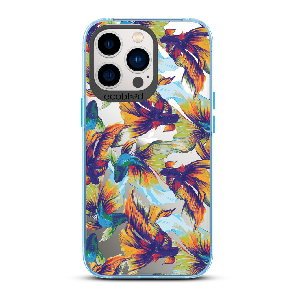  Betta Than The Rest - Blue Eco-Friendly iPhone 13 Pro Case With Colorful Betta Fish On A Clear Back