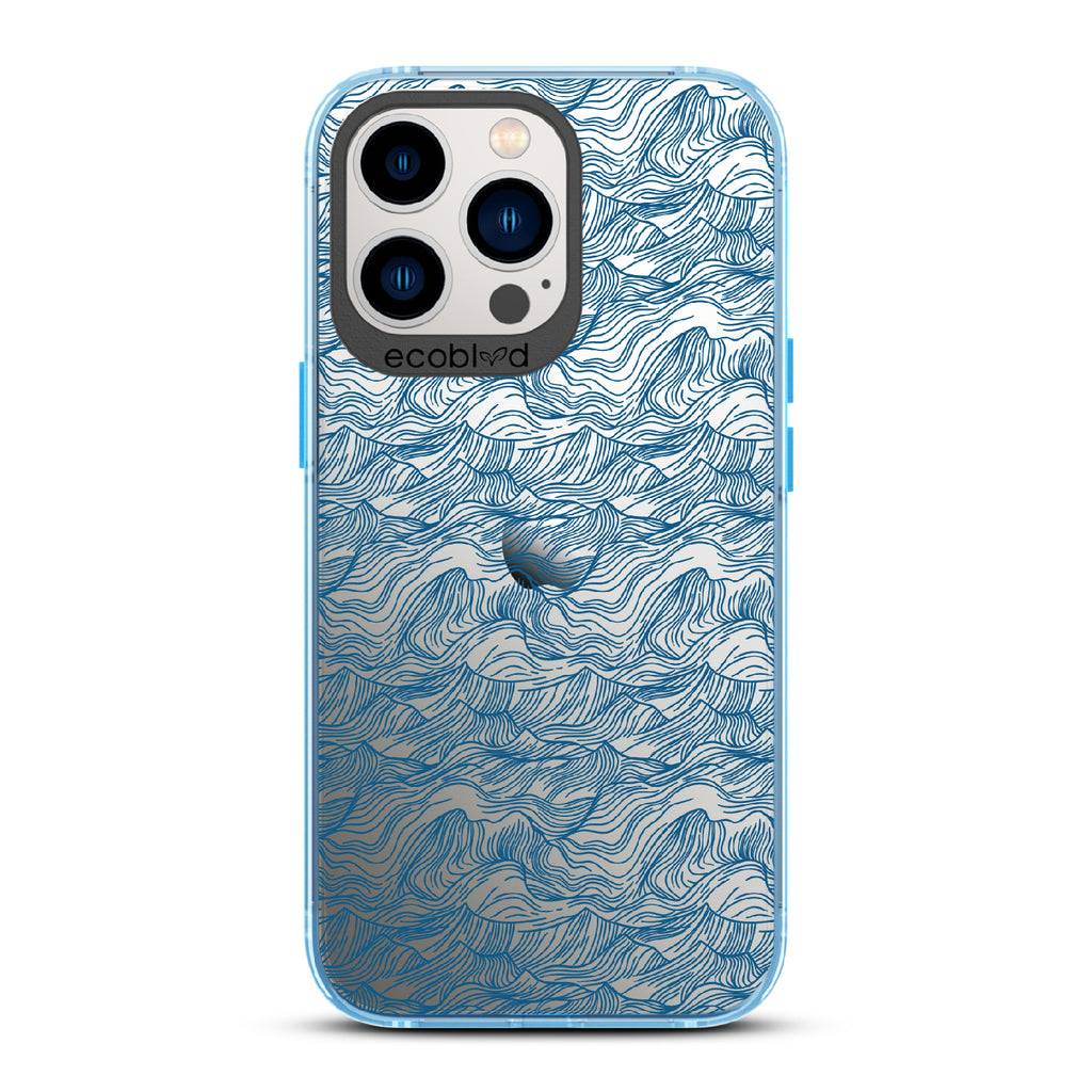 Seas The Day - Blue Eco-Friendly iPhone 13 Pro Case With Hand Drawn Waves On A Clear Back