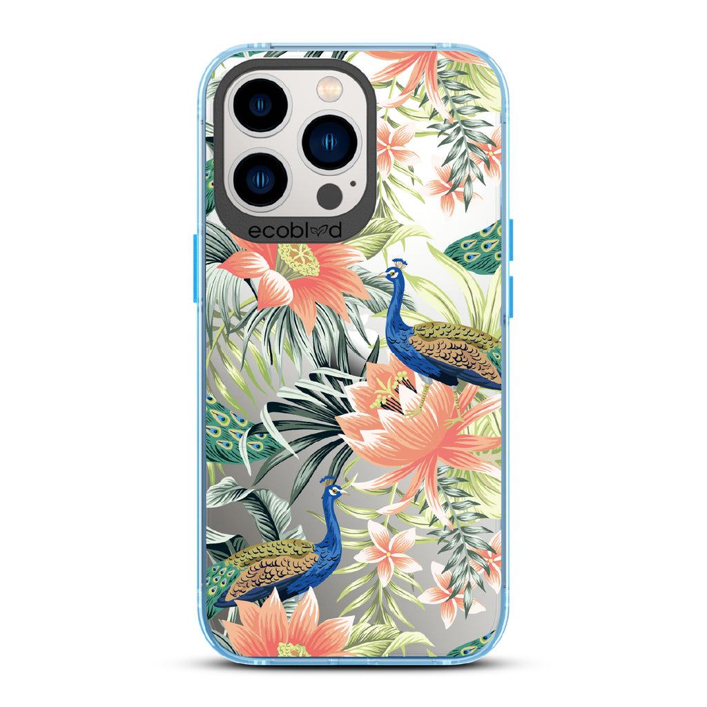 Peacock Palace - Blue Eco-Friendly iPhone 13 Pro Case With Peacocks + Colorful Tropical Fauna On A Clear Back