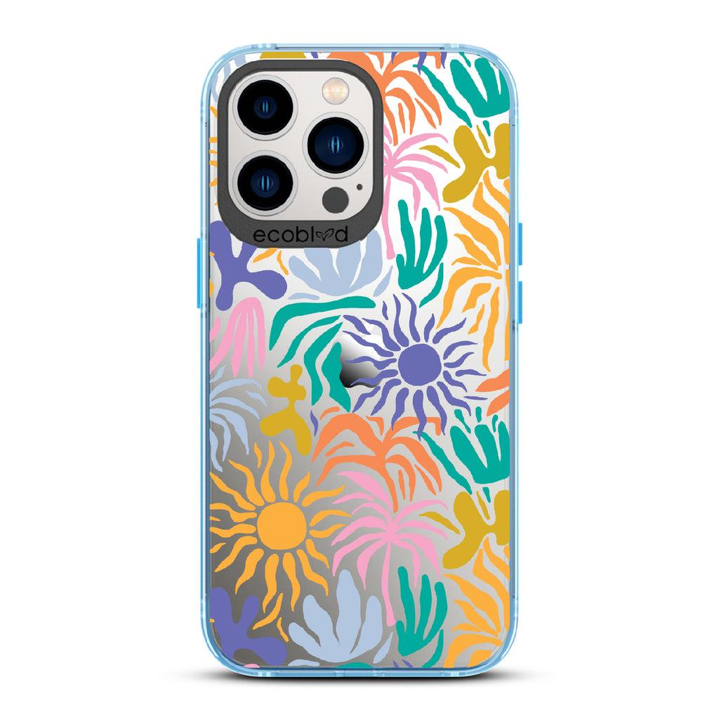 Sun-Kissed - Blue Eco-Friendly iPhone 13 Pro Case With Sunflower Print + The Sun As The Flower On A Clear Back