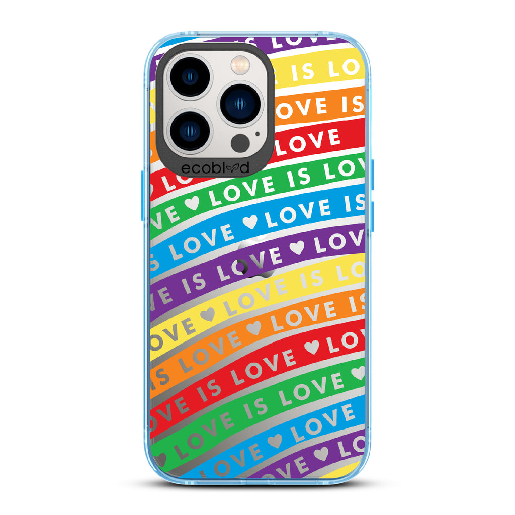 Love Unites All - Blue Eco-Friendly iPhone 12/13 Pro Max Case With Love Is Love On Colored Lines Forming Rainbow On A Clear Back