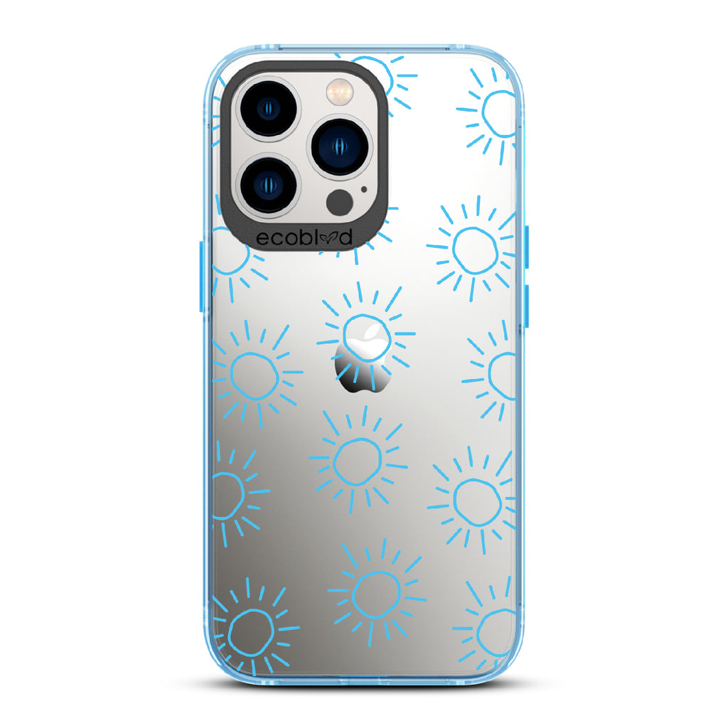 Sun - Blue Eco-Friendly iPhone 13 Pro Case With Various Scribbled Suns On A Clear Back