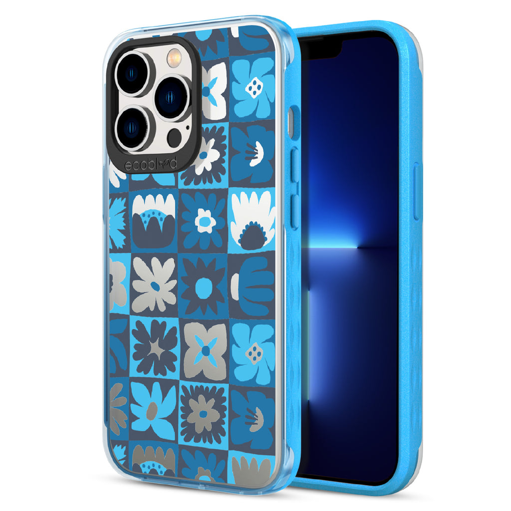 Paradise Blooms - Back View Of Blue & Clear Eco-Friendly iPhone 12/13 Pro Max Case & A Front View Of The Screen