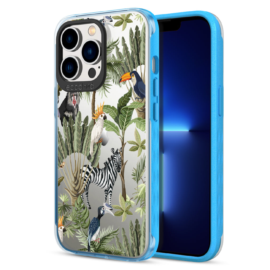 Toucan Play That Game - Back View Of Blue & Clear Eco-Friendly iPhone 13 Pro Case & A Front View Of The Screen