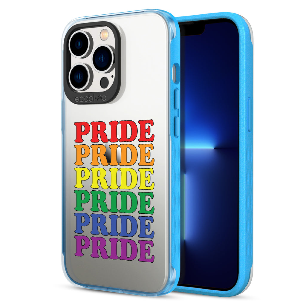 Pride Camp - Back View Of Blue & Clear Eco-Friendly iPhone 12/13 Pro Max Case & A Front View Of The Screen