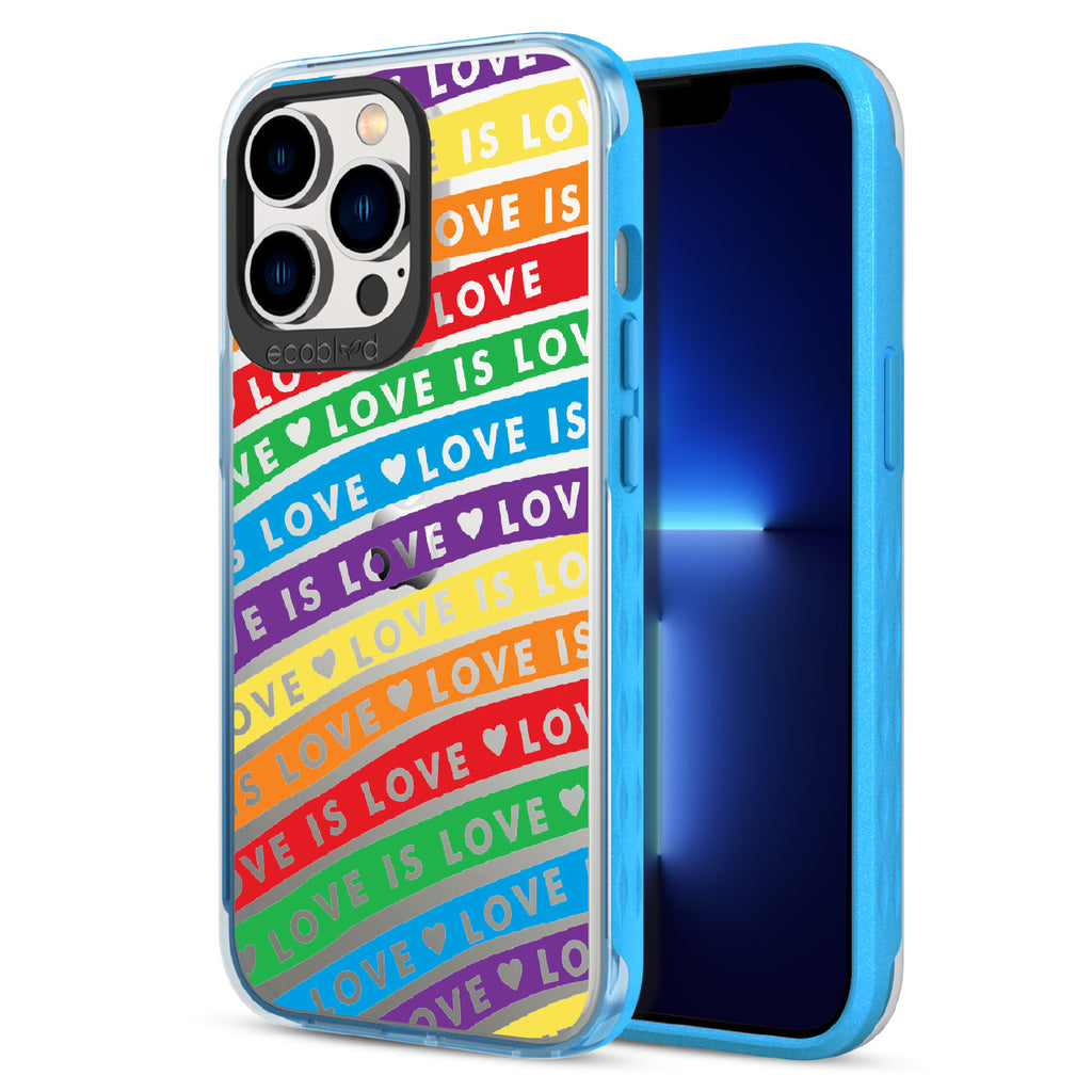Love Unites All - Back View Of Blue & Clear Eco-Friendly iPhone 12/13 Pro Max Case & A Front View Of The Screen