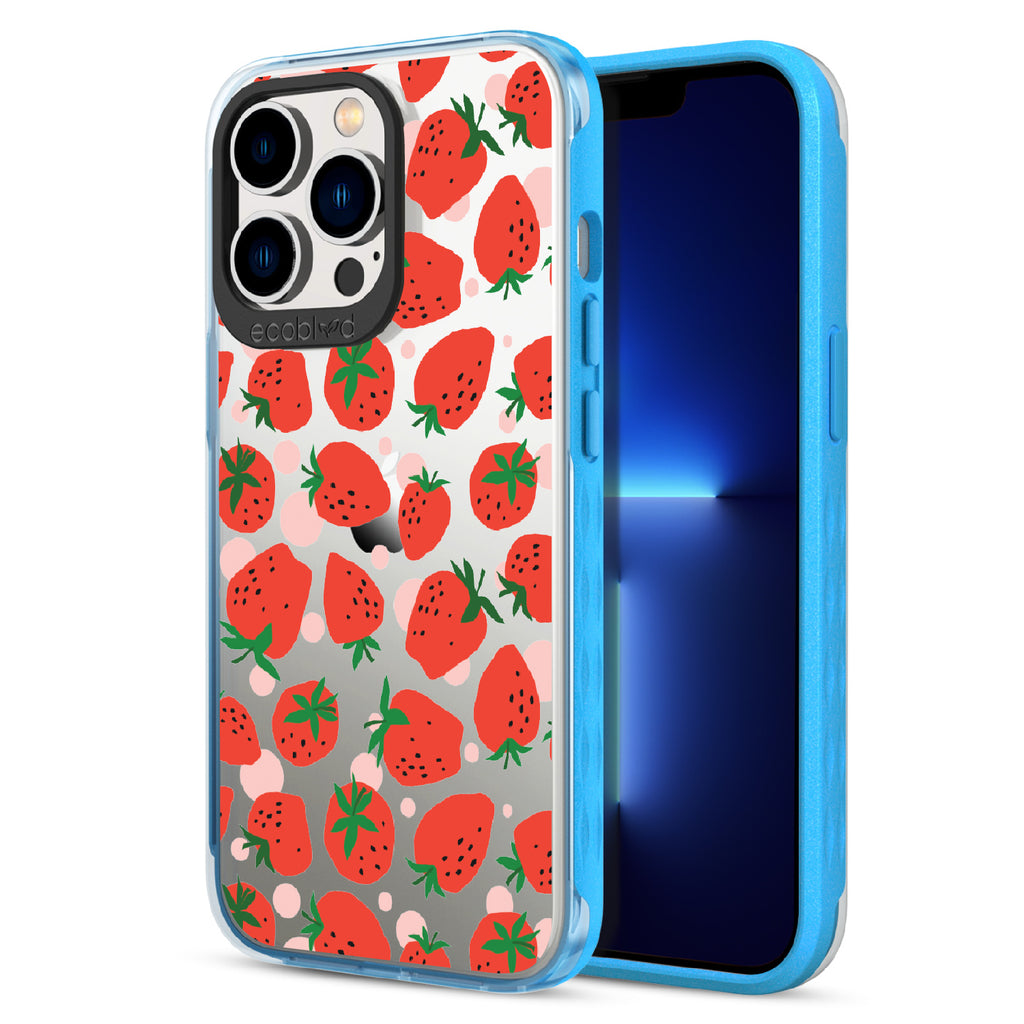 Strawberry Fields - Back View Of Blue & Clear Eco-Friendly iPhone 12/13 Pro Max Case & A Front View Of The Screen