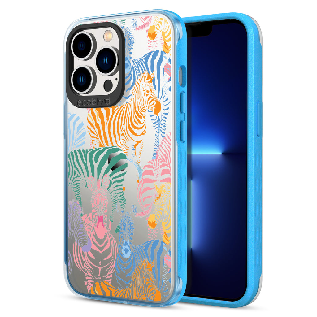 Colorful Herd - Back View Of Blue & Clear Eco-Friendly iPhone 13 Pro Case & A Front View Of The Screen