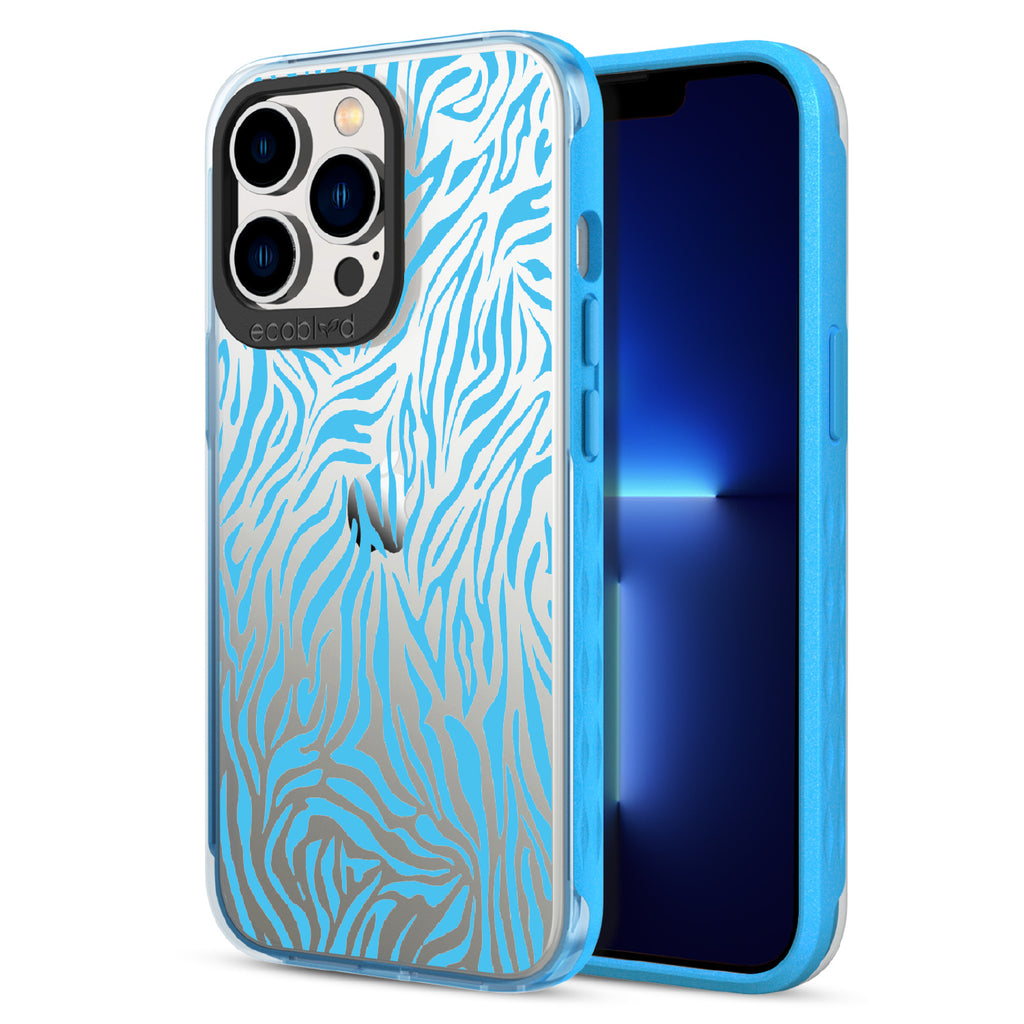 Zebra Print - Back View Of Blue & Clear Eco-Friendly iPhone 13 Pro Case & A Front View Of The Screen
