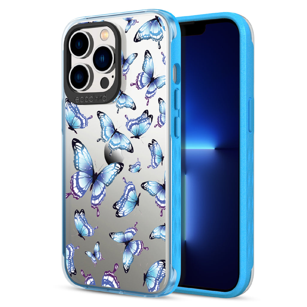 Social Butterfly - Back View Of Blue & Clear Eco-Friendly iPhone 13 Pro Case & A Front View Of The Screen
