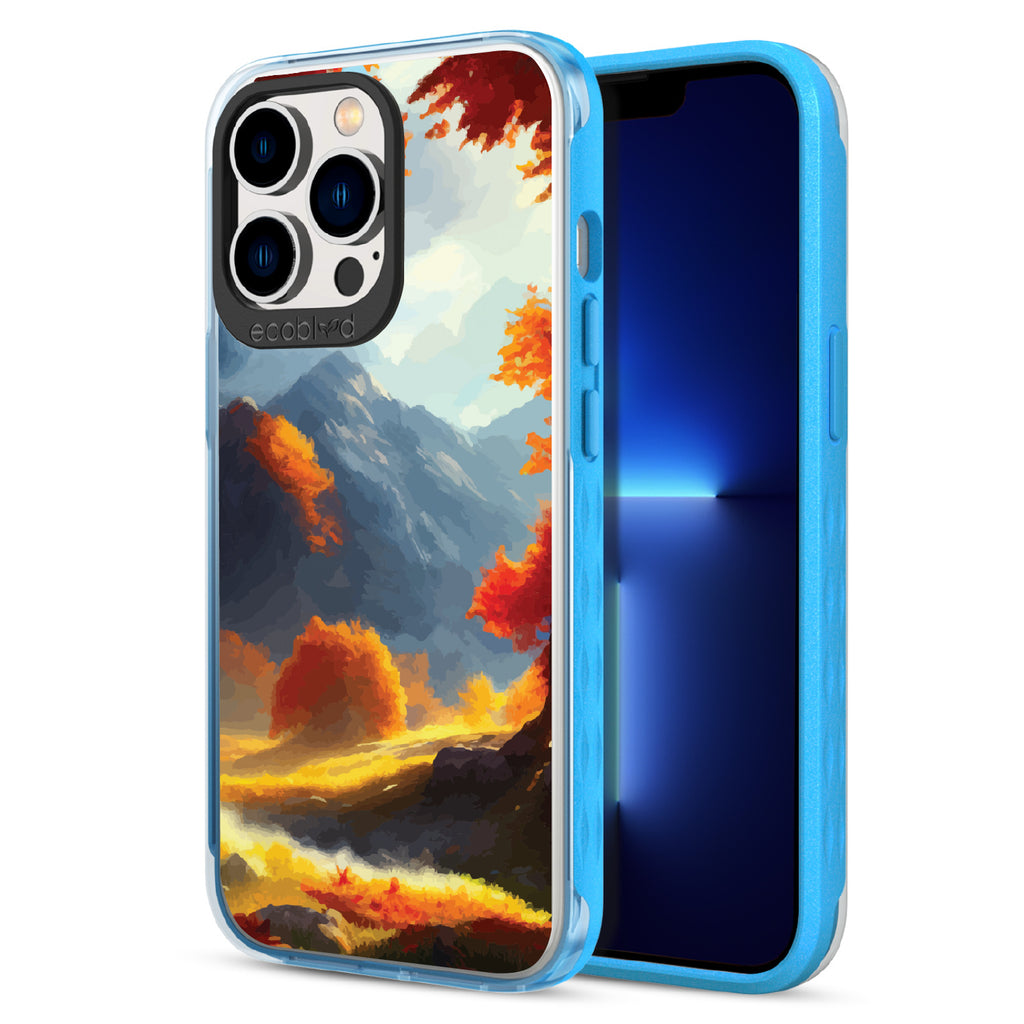 Autumn Canvas - Back View Of Eco-Friendly iPhone 13 Pro Clear Case With Blue Rim & Front View Of Screen