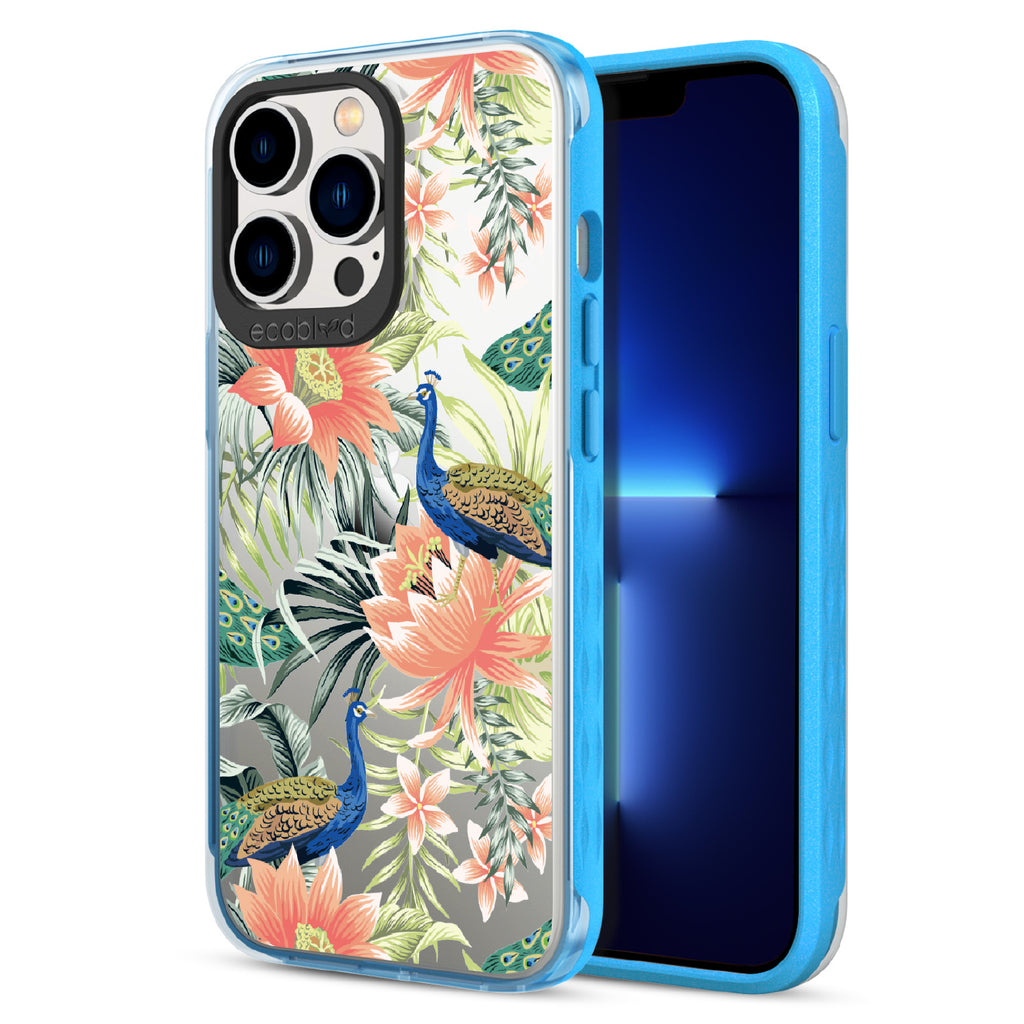 Peacock Palace - Back View Of Blue & Clear Eco-Friendly iPhone 13 Pro Case & A Front View Of The Screen