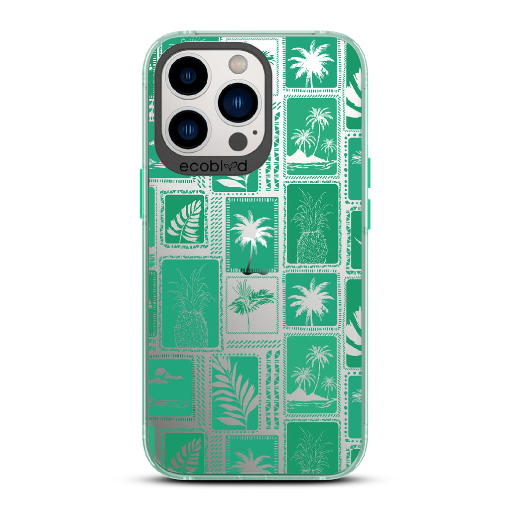 Oasis - Green Eco-Friendly iPhone 12/13 Pro Max Case With Tropical Shirt Palm Trees & Pineapple Print On A Clear Back