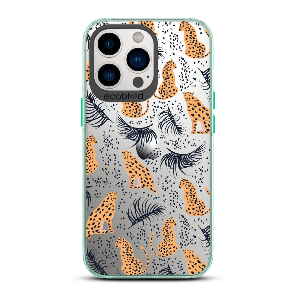 Feline Fierce - Green Eco-Friendly iPhone 13 Pro Case With Minimalist Cheetahs With Spots and Reeds On A Clear Back