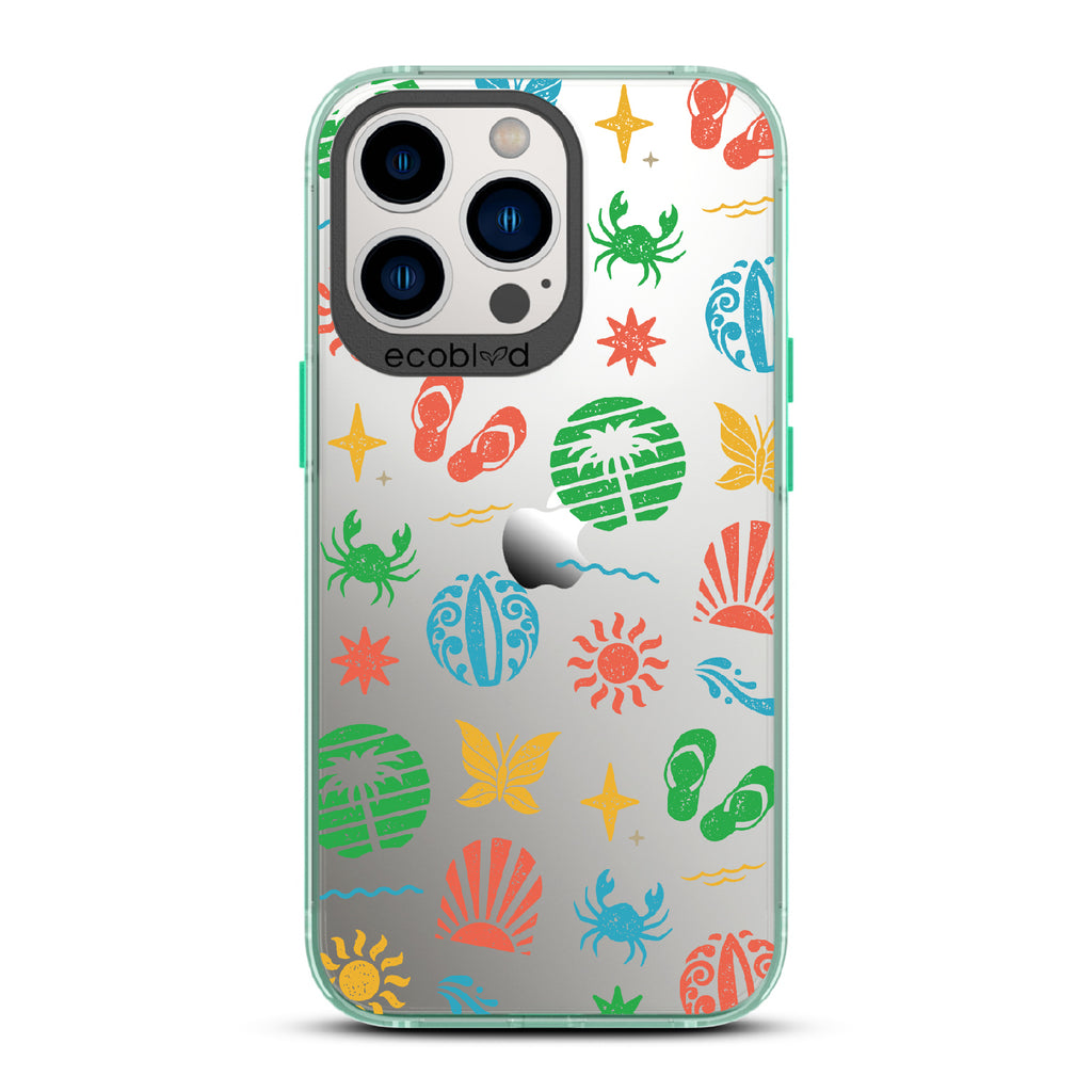 Island Time - Green Eco-Friendly iPhone 12/13 Pro Max Case With Surfboard Art Of Crabs, Sandals, Waves & More On A Clear Back